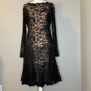 NWT Oscar de la Renta Black Lace Long-Sleeve Fit-and-Flare Dress
